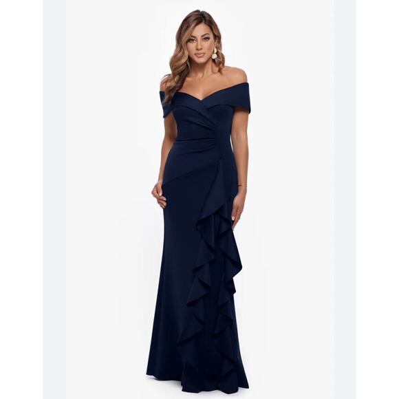XSCAPE Ruffle Off the Shoulder Scuba Knit Gown Midnight Blue Size 12 NWOT - Picture 3 of 11